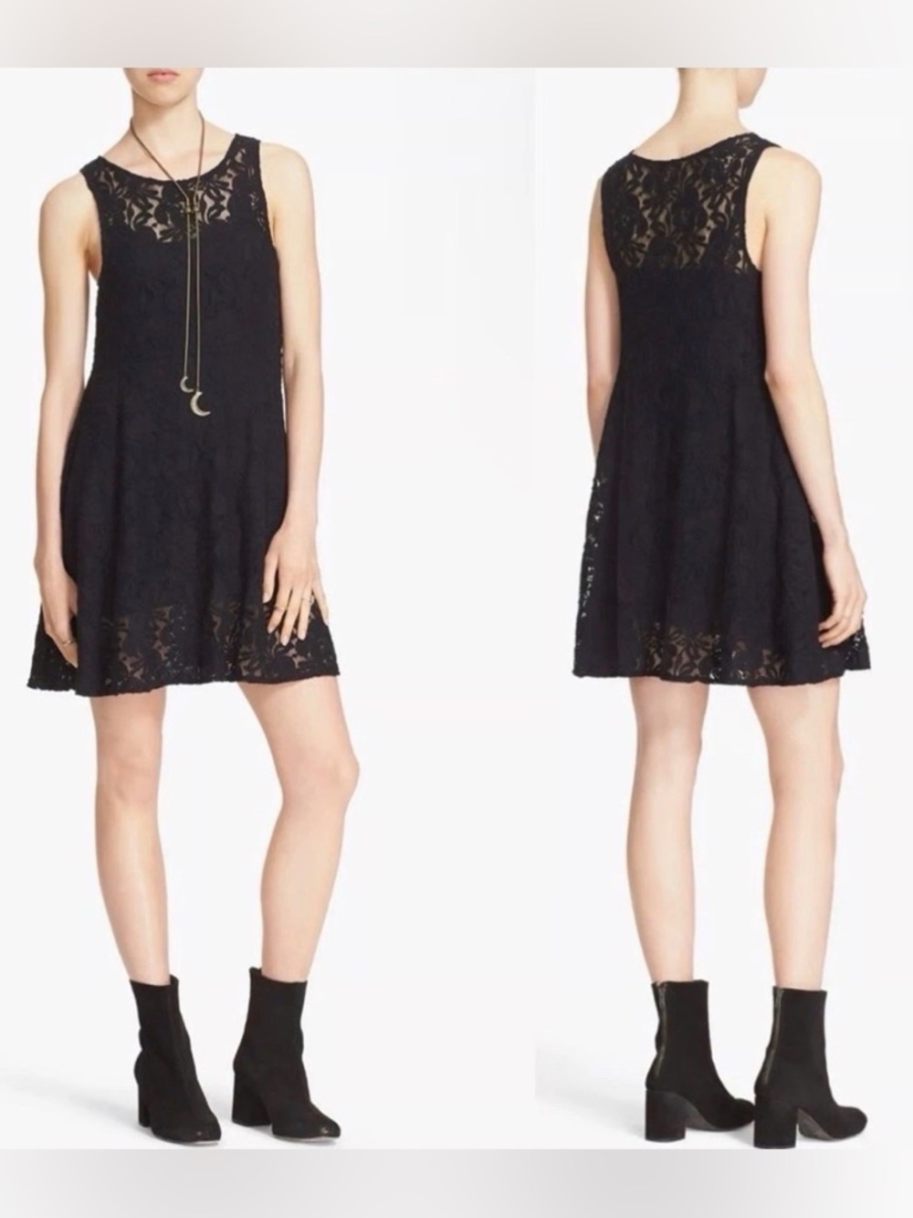 Free People Miles of Lace Fit & Flare Mini Dress Black Floral Sleeveless Size L